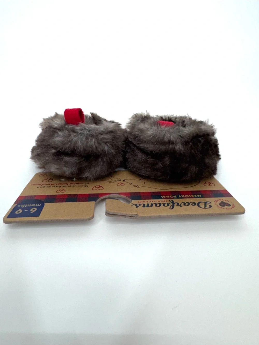 Dearfoams Baby Bear Slippers Red Plaid & Brown Frost Faux Fur New Size 6-9 Mo